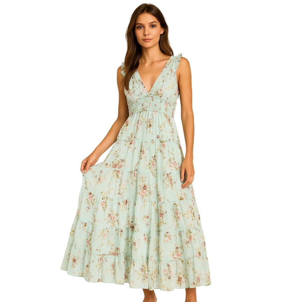MISS JUNE Boho Floral Maxi Dress Blue Smocked Waist Tiered Skirt‎ Sequin Detail